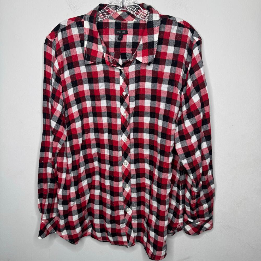 Talbots Red Plaid Button Front Shirt Size XL Long Sleeve Fall Preppy Classic
